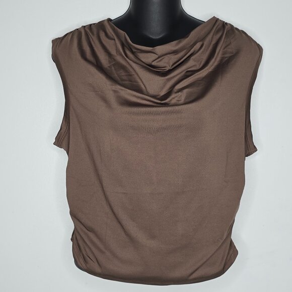 JS Jinkesi Women Large Brown Draped Cowl Neck Shirt Top Blouse Sleeveless Ruched - Picture 1 of 6
